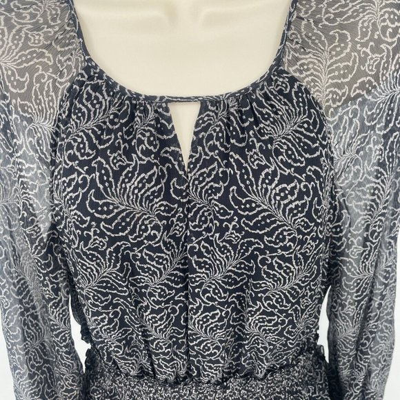 cinq a sept Black Mini Dress Sz 6 Tiered Print Silk Long Sleeve Smocked Babydoll - Picture 6 of 16